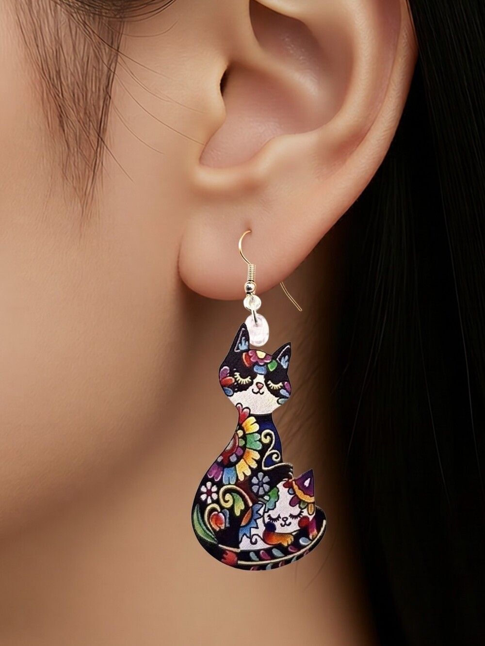 Colorful Folk Art Black Cat Earrings | Floral Acrylic Dangle Pierced Jewelry NWT